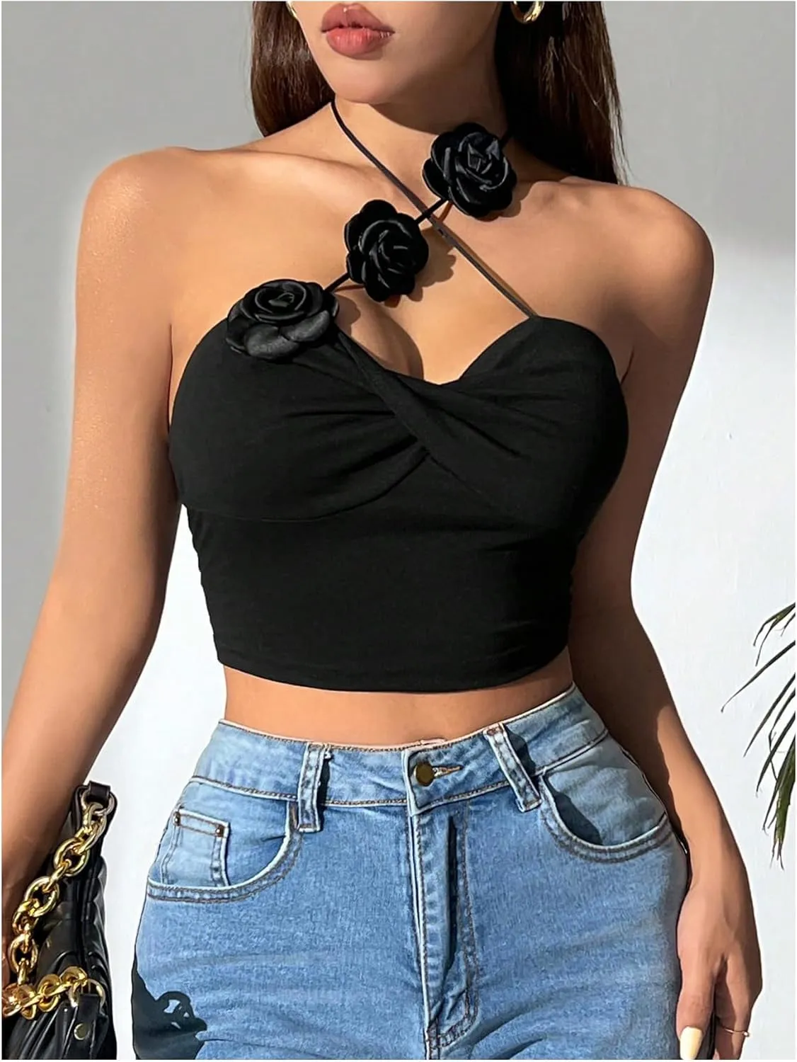 GORGLITTER Women's 3D Flower Camisole Tops Floral Halter Backless Sleeveless Going Out Top