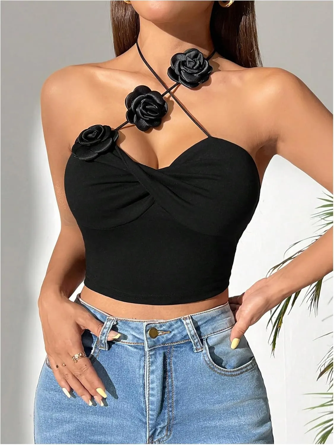 GORGLITTER Women's 3D Flower Camisole Tops Floral Halter Backless Sleeveless Going Out Top