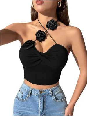 GORGLITTER Women's 3D Flower Camisole Tops Floral Halter Backless Sleeveless Going Out Top