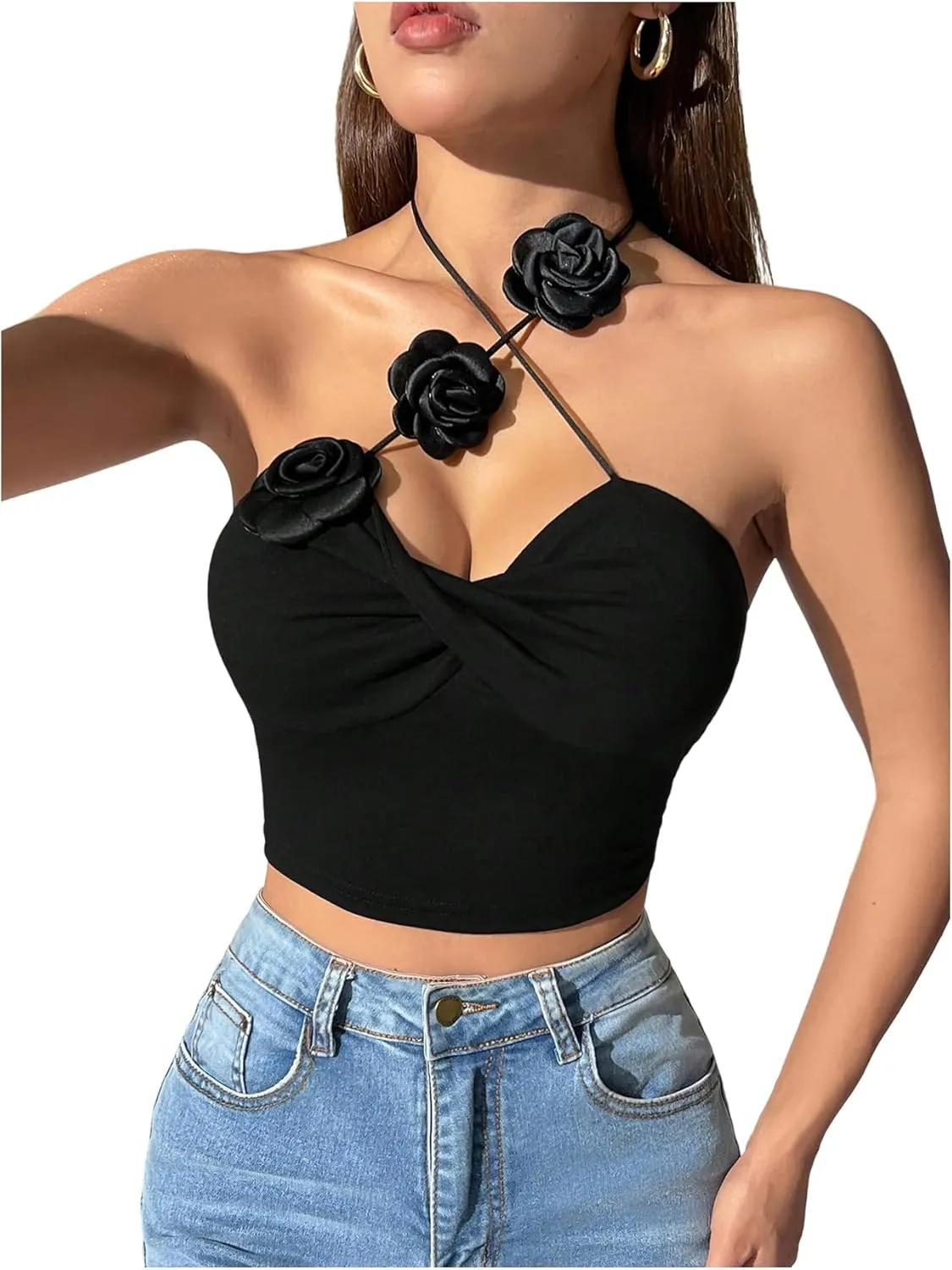 GORGLITTER Women's 3D Flower Camisole Tops Floral Halter Backless Sleeveless Going Out Top