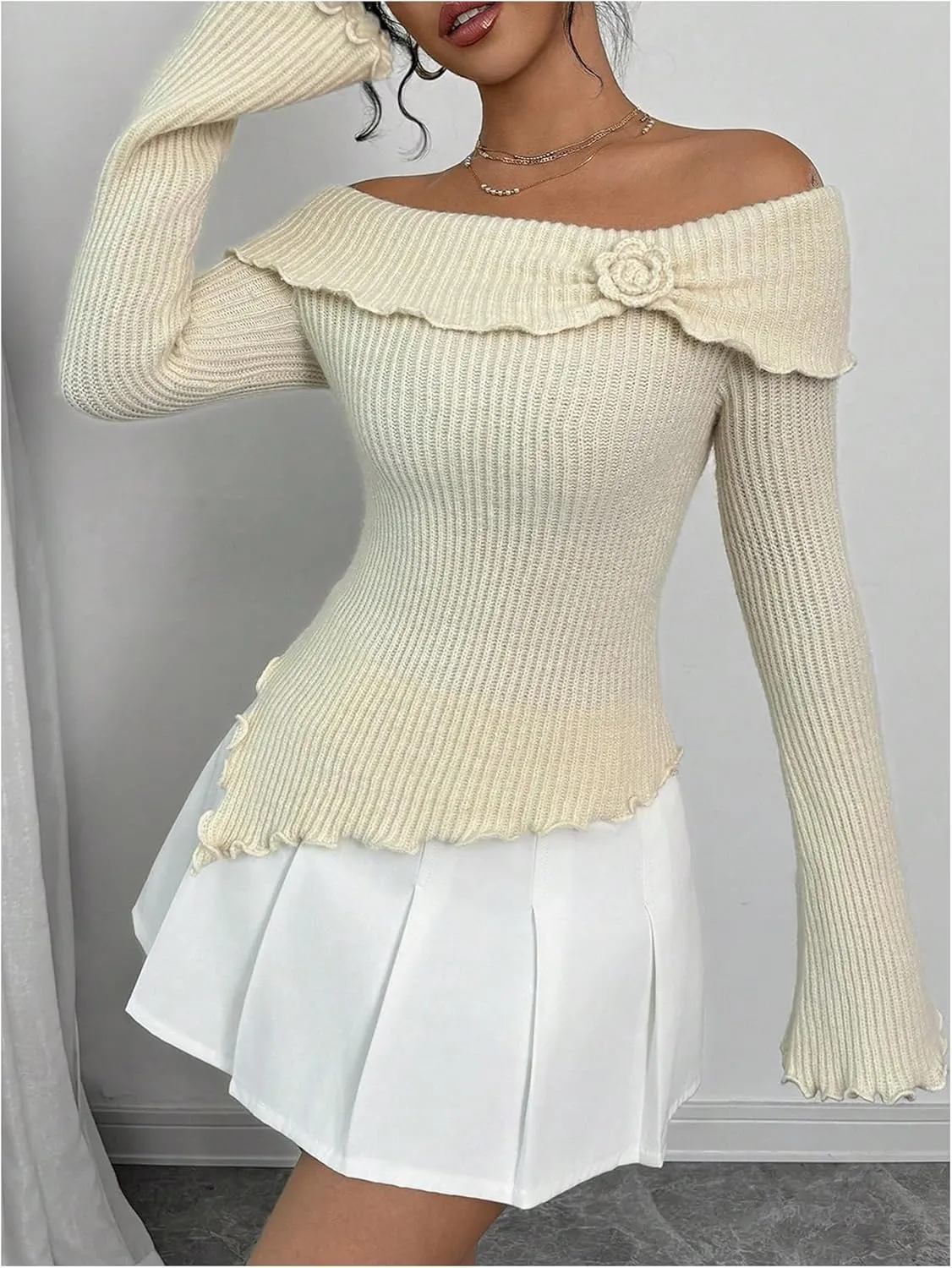 GORGLITTER Women's Floral Off The Shoulder Sweater Coquette Flare Sleeve Asymmetrical Knit Tops
