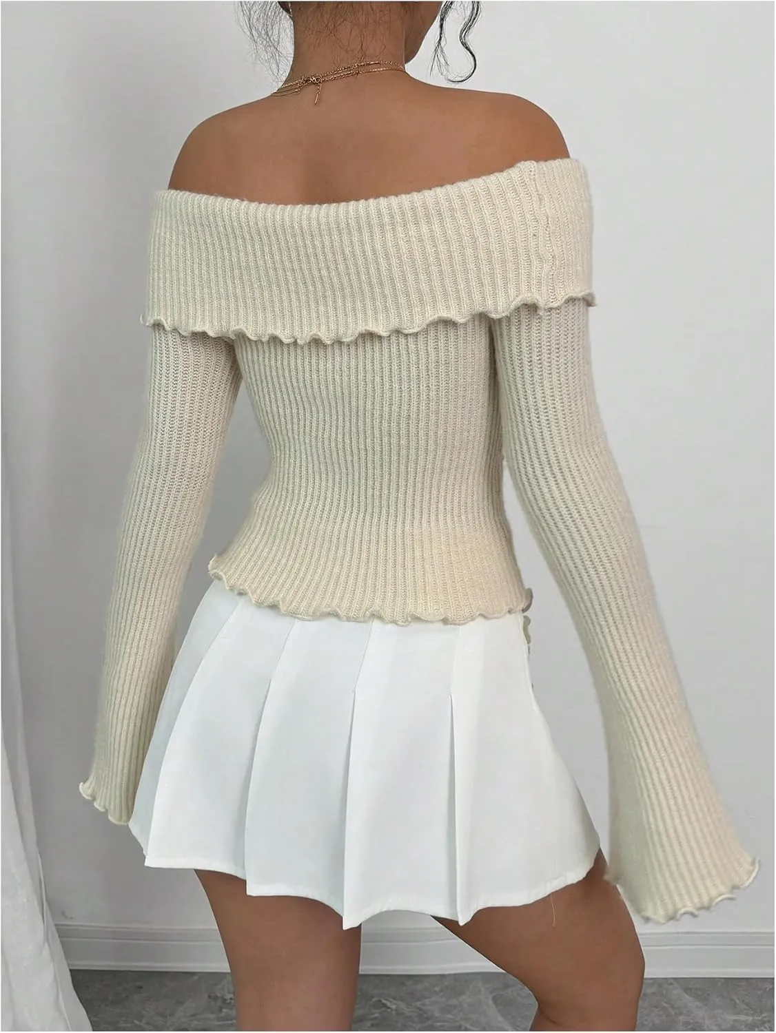 GORGLITTER Women's Floral Off The Shoulder Sweater Coquette Flare Sleeve Asymmetrical Knit Tops