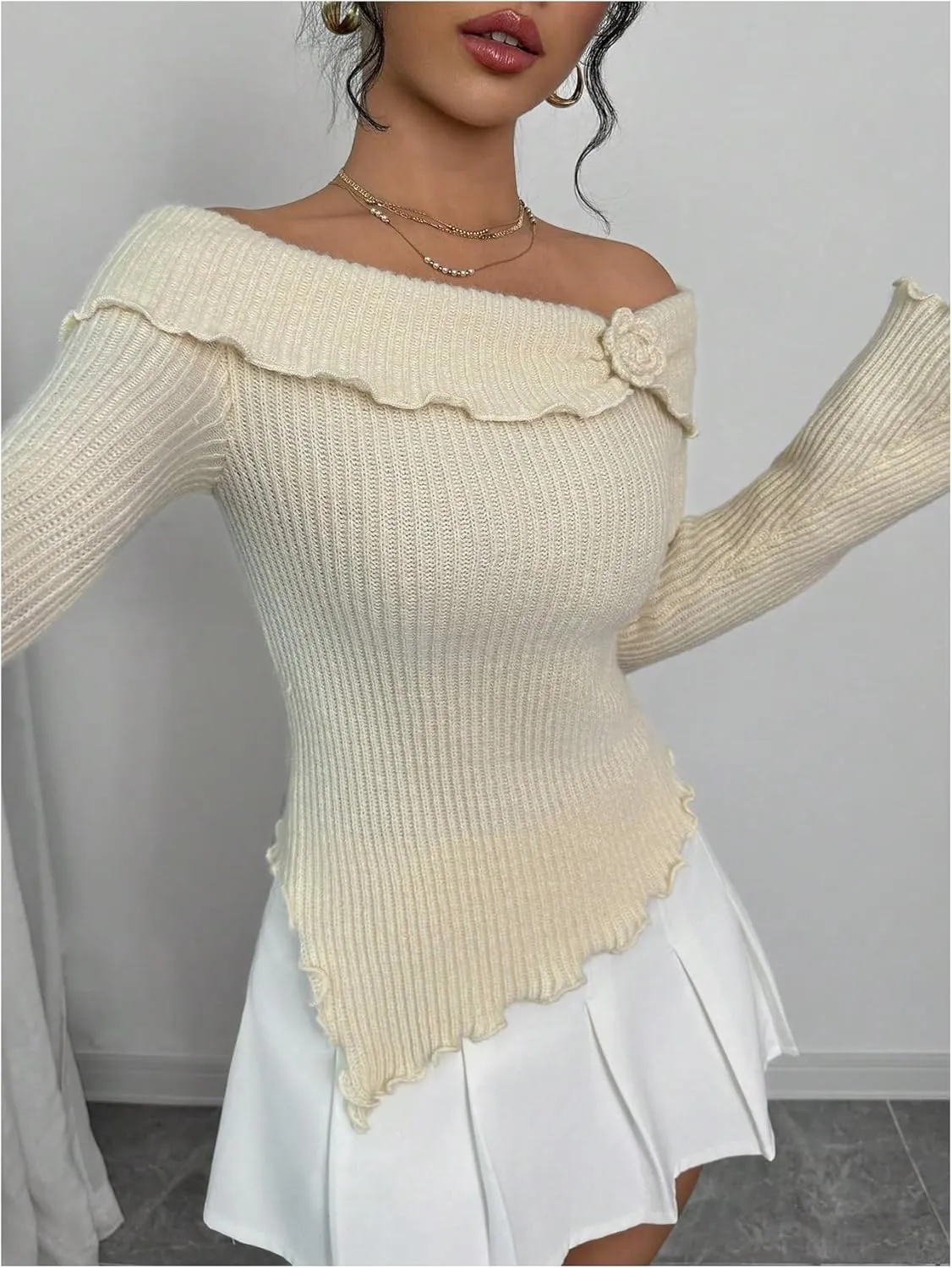 GORGLITTER Women's Floral Off The Shoulder Sweater Coquette Flare Sleeve Asymmetrical Knit Tops