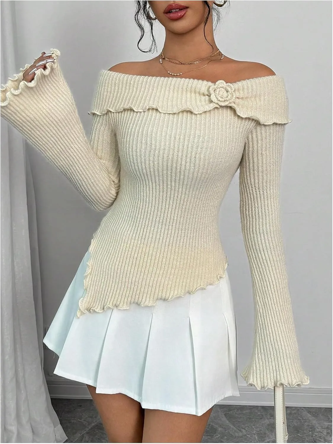GORGLITTER Women's Floral Off The Shoulder Sweater Coquette Flare Sleeve Asymmetrical Knit Tops