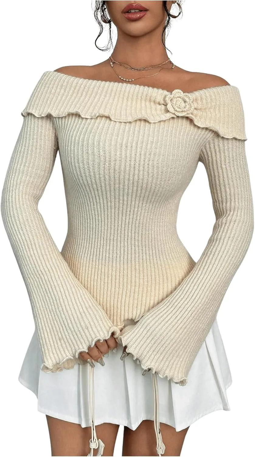 GORGLITTER Women's Floral Off The Shoulder Sweater Coquette Flare Sleeve Asymmetrical Knit Tops
