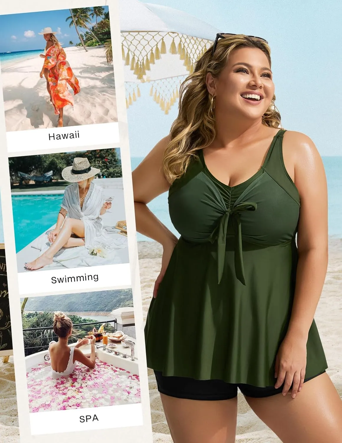 Hanna Nikole Womens Plus Size Tankini Swimsuit V Neck Tie Wrap Flowy Swim Tops with Boy Shorts Bathing Suit