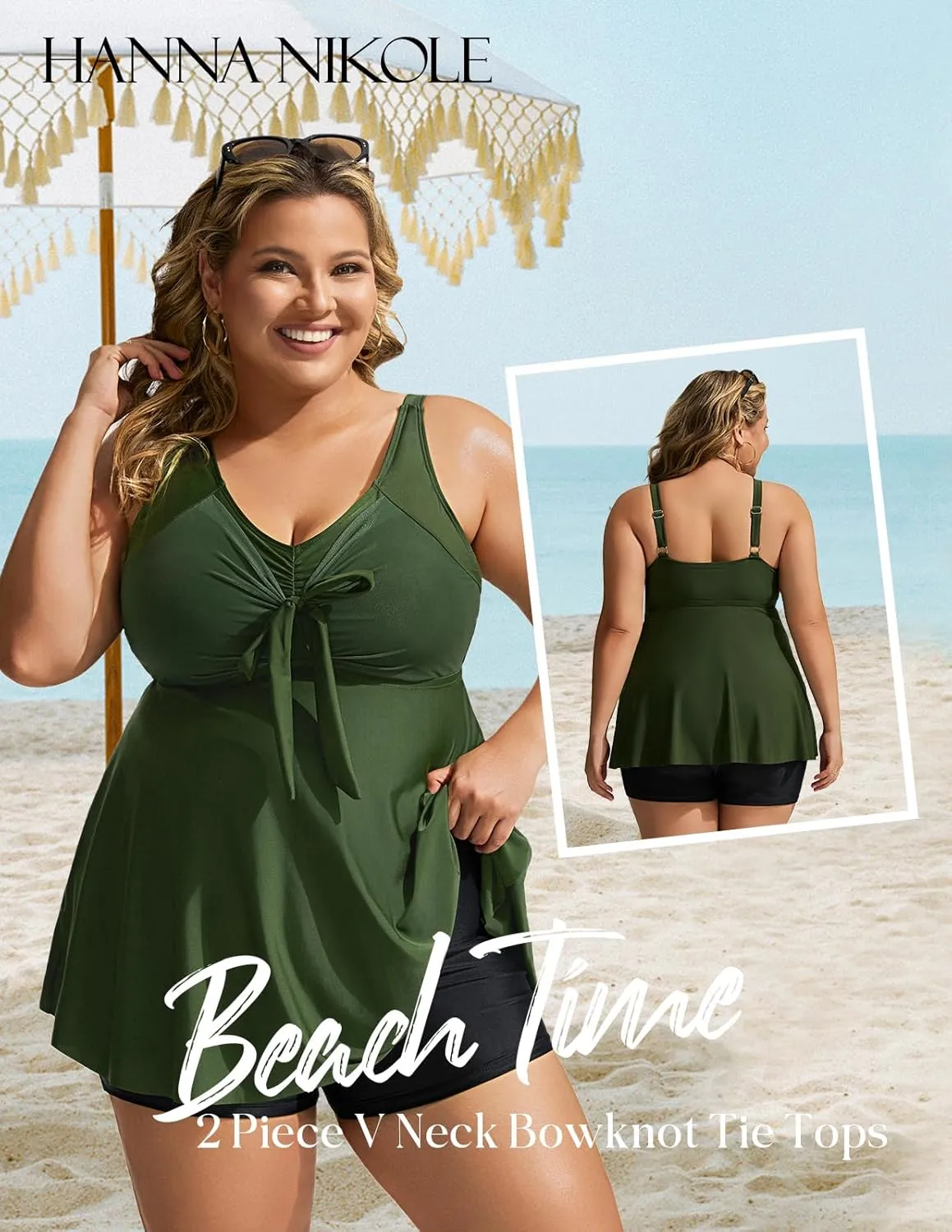 Hanna Nikole Womens Plus Size Tankini Swimsuit V Neck Tie Wrap Flowy Swim Tops with Boy Shorts Bathing Suit