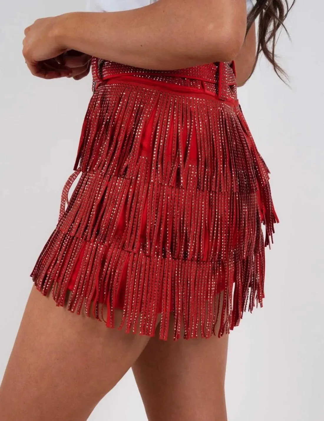 happlan Women's Rhinestone Fringe Mini Skirt with Belt