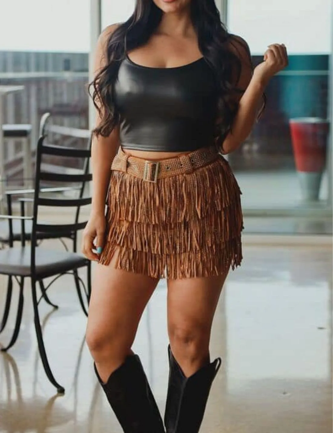 happlan Women's Rhinestone Fringe Mini Skirt with Belt