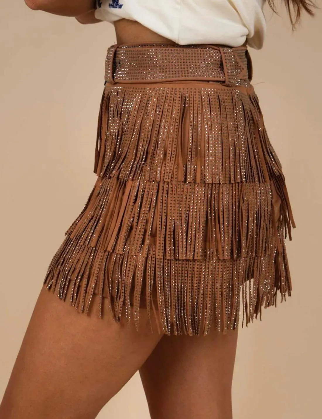 happlan Women's Rhinestone Fringe Mini Skirt with Belt