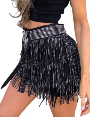 happlan Women's Rhinestone Fringe Mini Skirt with Belt