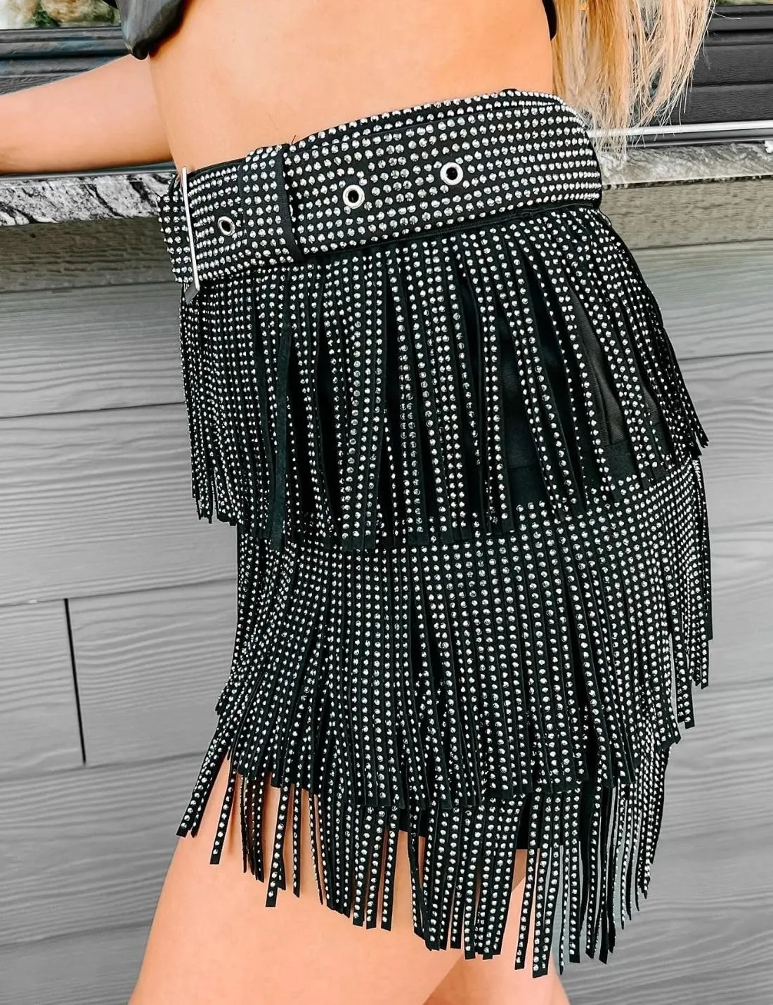 happlan Women's Rhinestone Fringe Mini Skirt with Belt