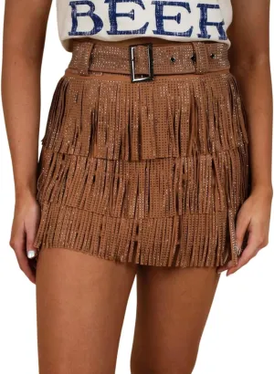 happlan Women's Rhinestone Fringe Mini Skirt with Belt