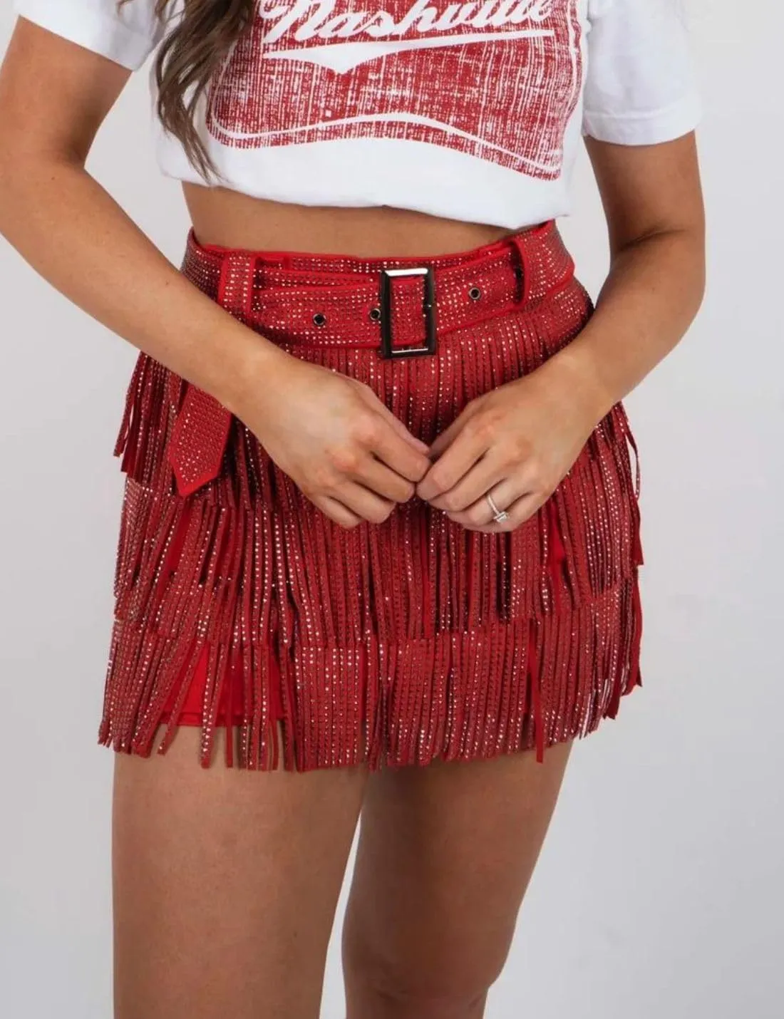 happlan Women's Rhinestone Fringe Mini Skirt with Belt