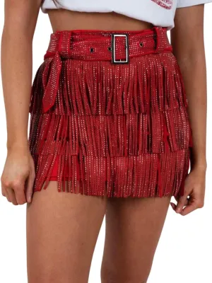 happlan Women's Rhinestone Fringe Mini Skirt with Belt