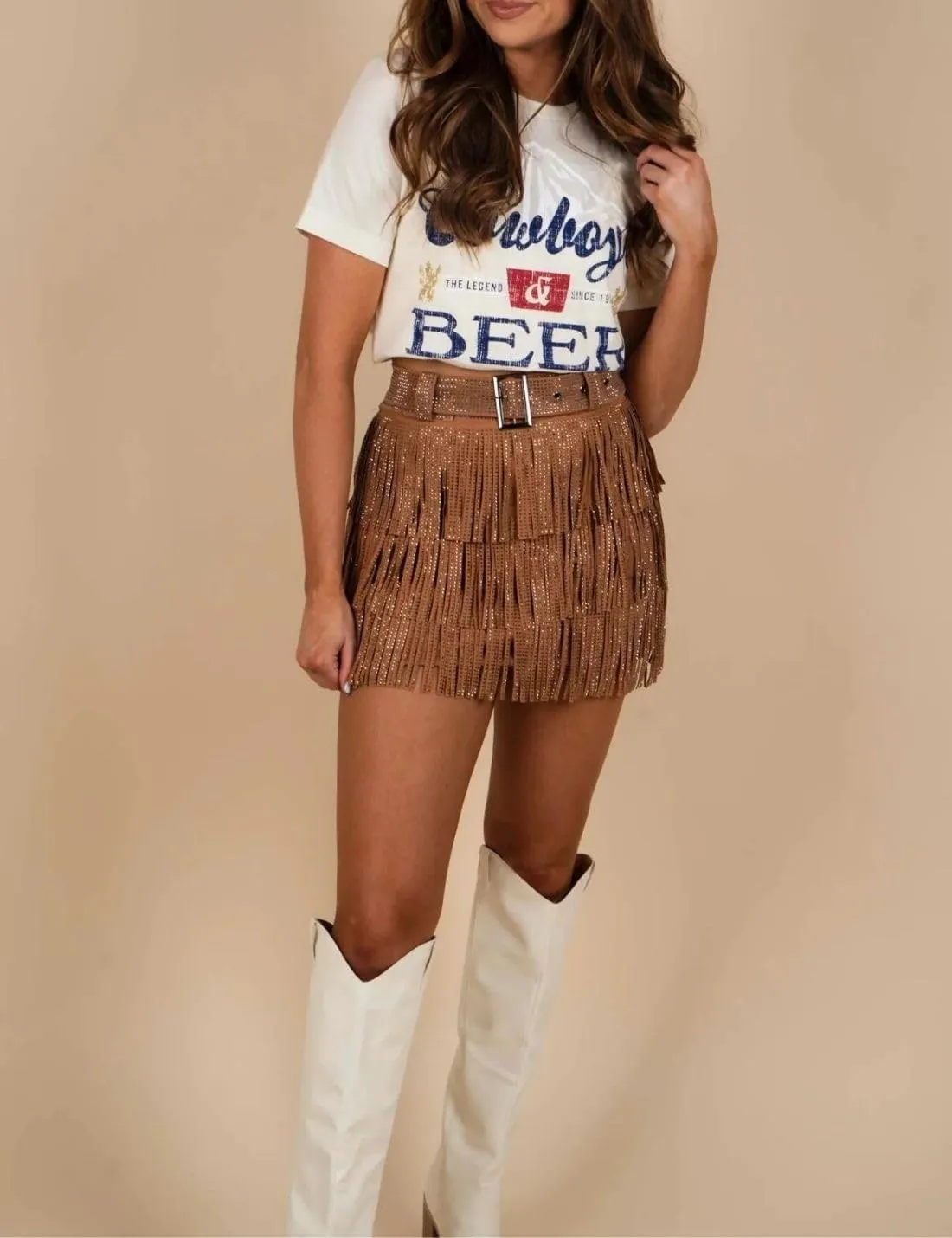 happlan Women's Rhinestone Fringe Mini Skirt with Belt