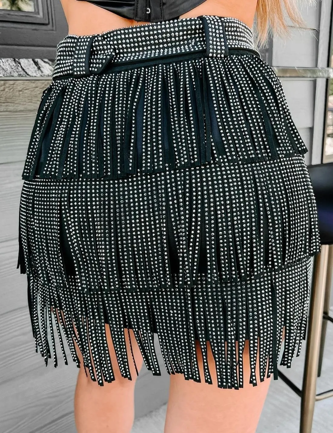 happlan Women's Rhinestone Fringe Mini Skirt with Belt