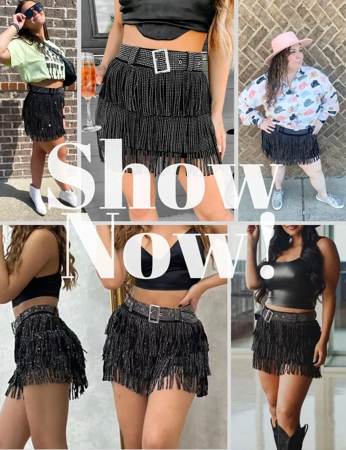 happlan Women's Rhinestone Fringe Mini Skirt with Belt