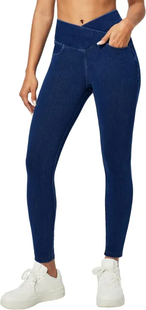 Heathyoga Crossover Jeggings for Women Tummy Control Pull on Stretchy Jeans for Women High Waisted Skinny Jeans