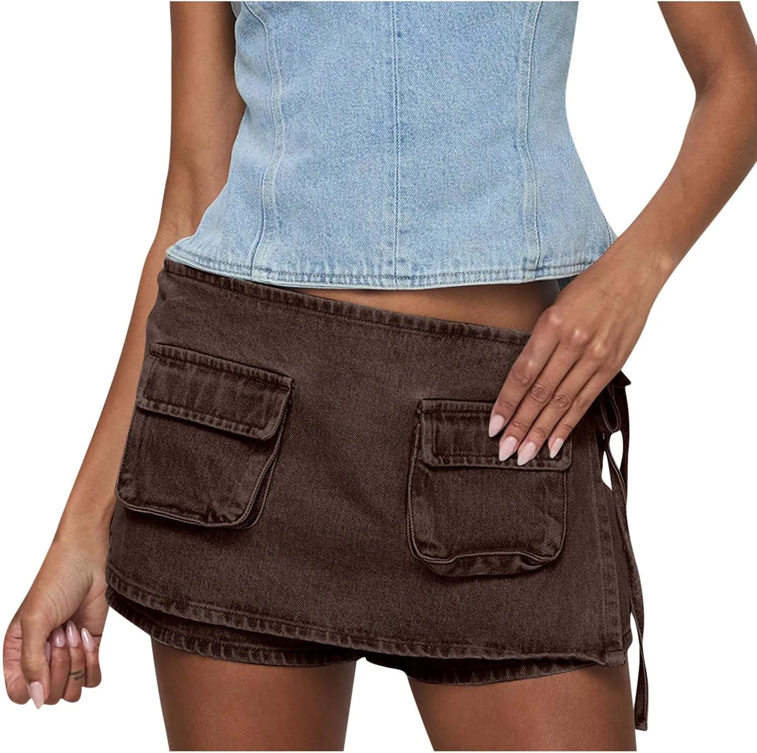 HGps8w Women's Stretchy Denim Cargo Skort Sexy High Waisted 2025 Summer Casual Mini Jean Skirt Shorts with Pockets