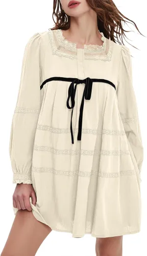 hibshaby Women's Short Babydoll Dress Long Puff Sleeve Dress Bow Tie Mini Dress Fall Dress