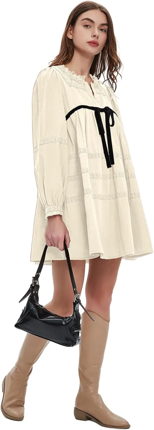 hibshaby Women's Short Babydoll Dress Long Puff Sleeve Dress Bow Tie Mini Dress Fall Dress