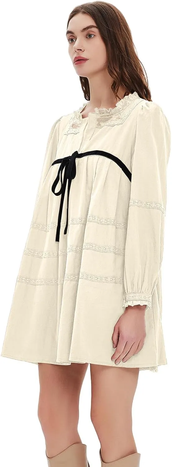 hibshaby Women's Short Babydoll Dress Long Puff Sleeve Dress Bow Tie Mini Dress Fall Dress