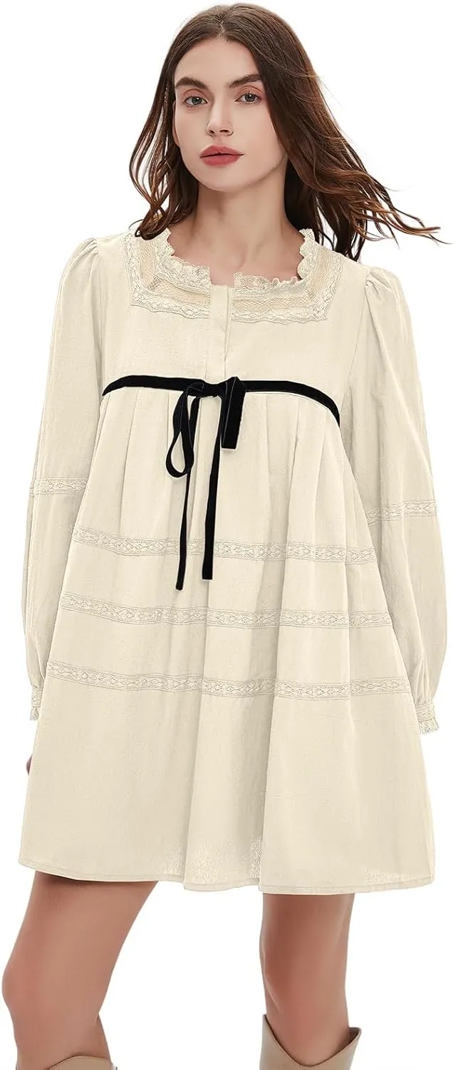 hibshaby Women's Short Babydoll Dress Long Puff Sleeve Dress Bow Tie Mini Dress Fall Dress
