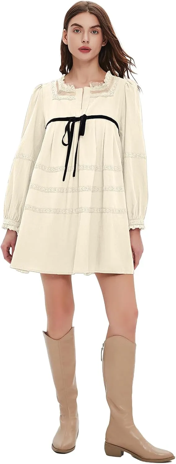 hibshaby Women's Short Babydoll Dress Long Puff Sleeve Dress Bow Tie Mini Dress Fall Dress