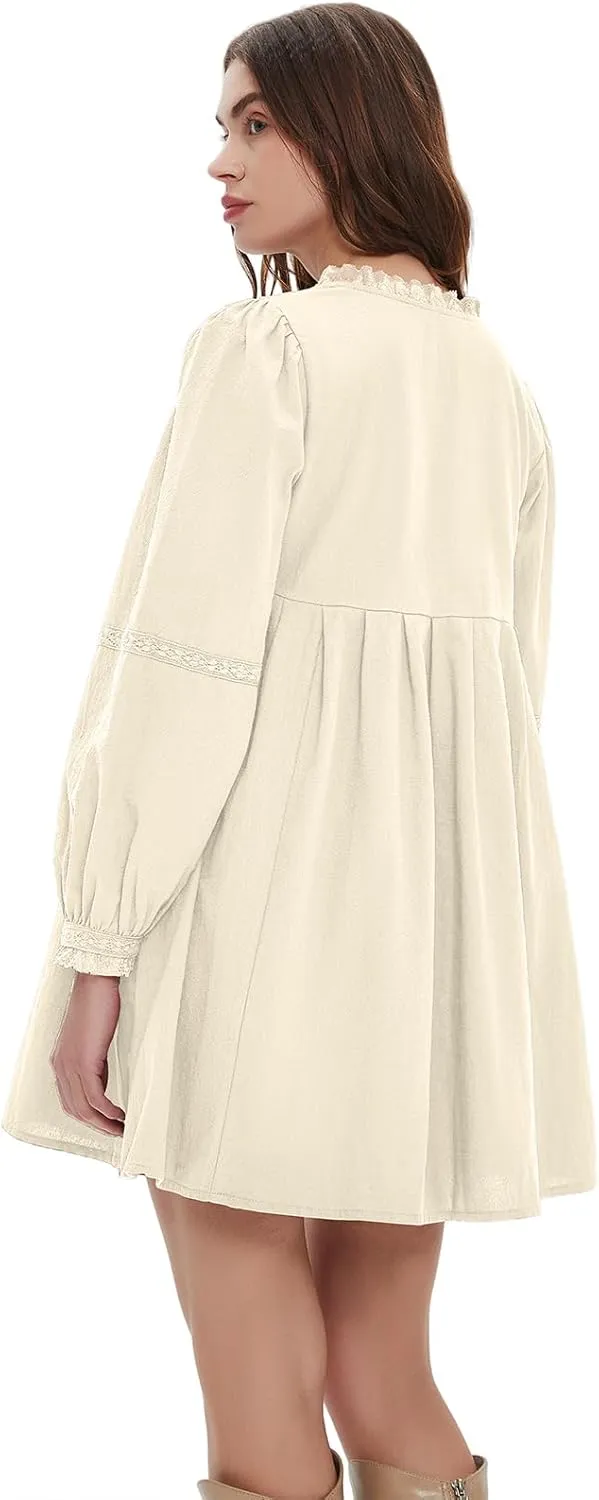 hibshaby Women's Short Babydoll Dress Long Puff Sleeve Dress Bow Tie Mini Dress Fall Dress