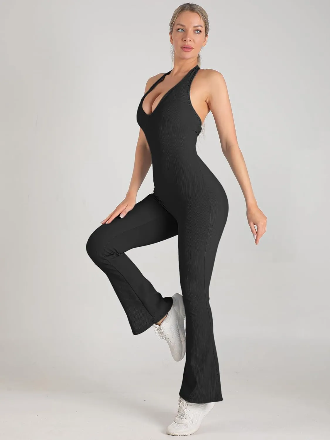 HONENNA Backless Workout Jumpsuit for Women Tummy Control Yoga Outfit Seamless Gym Romper for Pilates Lounge Wear