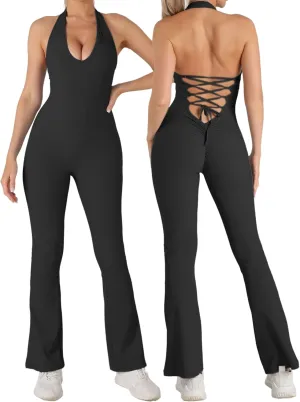 HONENNA Backless Workout Jumpsuit for Women Tummy Control Yoga Outfit Seamless Gym Romper for Pilates Lounge Wear