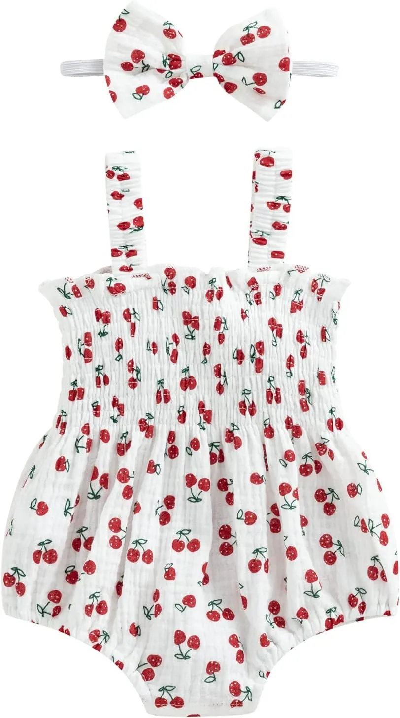 Infant Baby Girls Romper Dress 3 6 9 12 18 Months Onesie Summer Clothes Ruched Jumpsuits Hem Bodysuits Headband