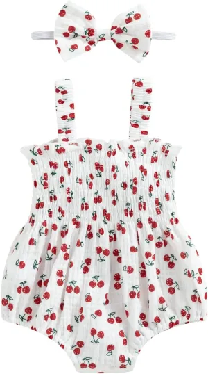 Infant Baby Girls Romper Dress 3 6 9 12 18 Months Onesie Summer Clothes Ruched Jumpsuits Hem Bodysuits Headband