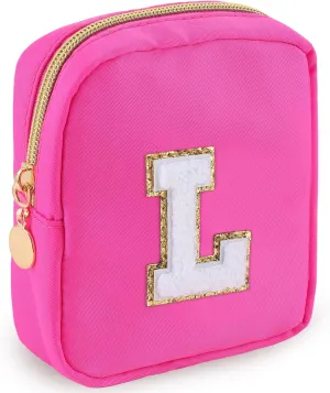 Initial Makeup Bag for Women Small Personalized Chenille Letter Nylon Cosmetic Bag for Purse Preppy Travel Cute Nylon Makeup Pouch Toiletry Makeup Organizer Bag for Birthday Gift(Hot Pink L)