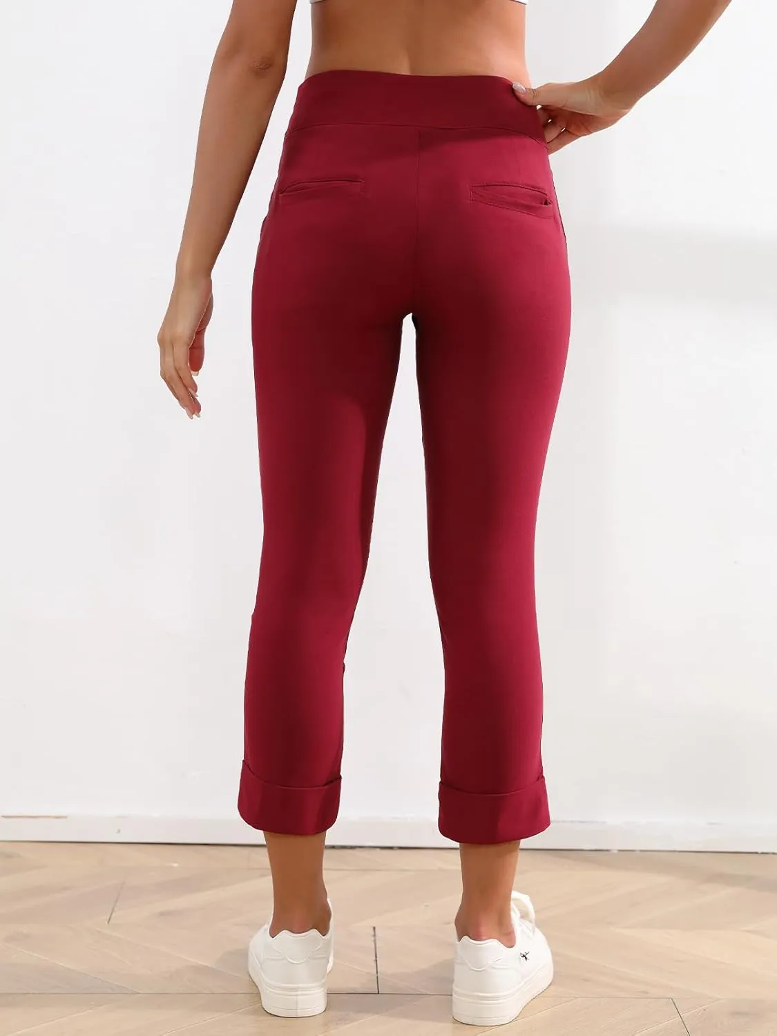 JAMfit Women's Pull-On Capri Pants Stretch High Waist Dressy Casual Cropped Pants with Pockets