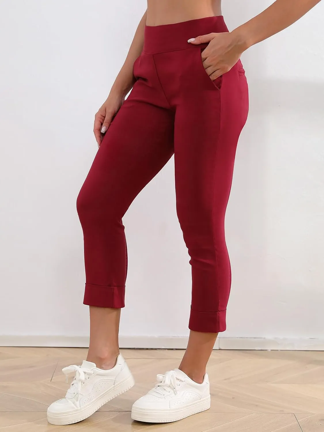 JAMfit Women's Pull-On Capri Pants Stretch High Waist Dressy Casual Cropped Pants with Pockets