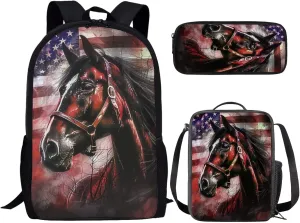 JEOCODY Horse Backpack for Girls American Flag Hunting Camo Horse School Bag and Lunch Bag Pencil Case Set 3 in 1,Back to School Gifts for Junior Primary School Students