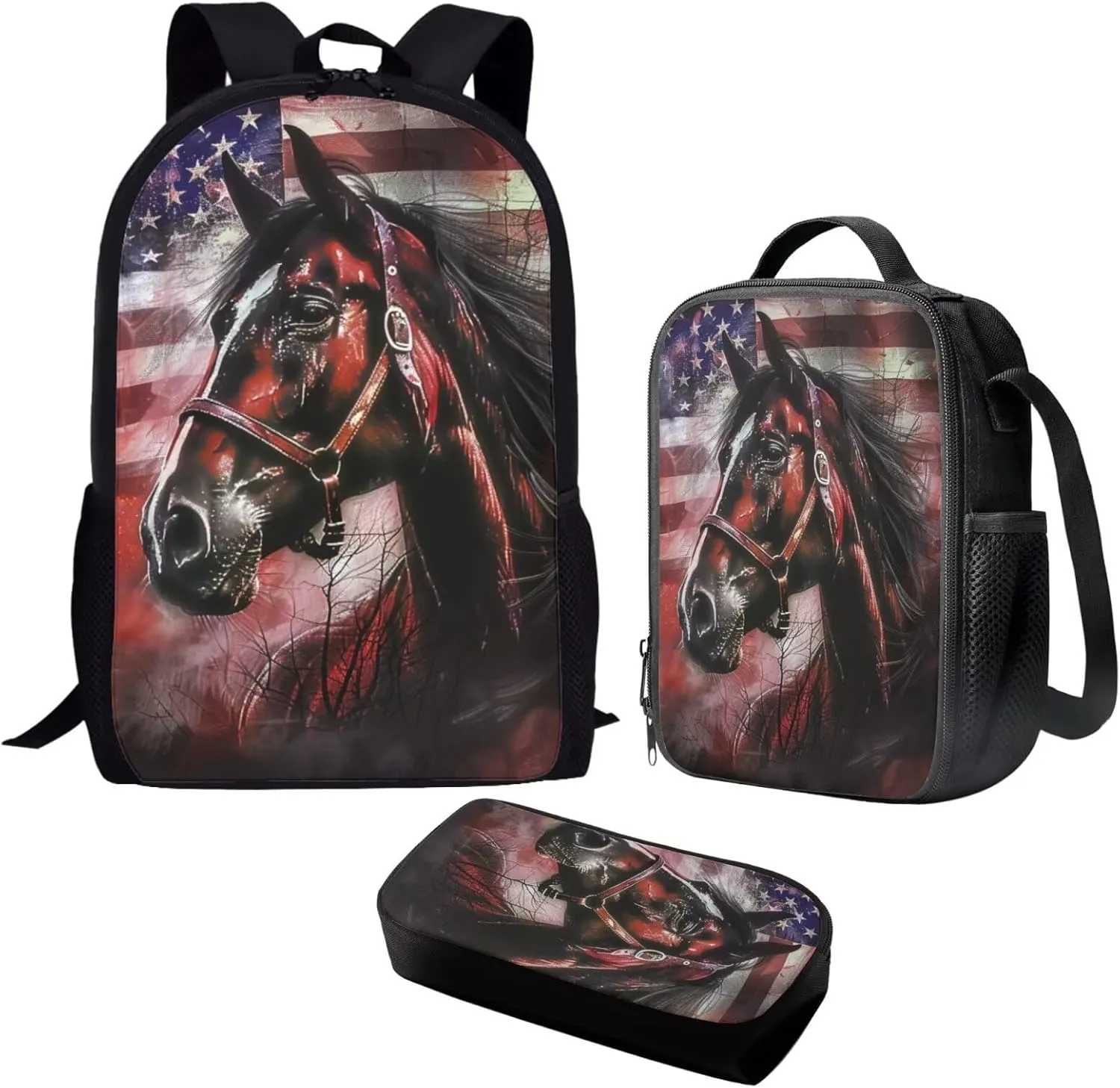 JEOCODY Horse Backpack for Girls American Flag Hunting Camo Horse School Bag and Lunch Bag Pencil Case Set 3 in 1,Back to School Gifts for Junior Primary School Students