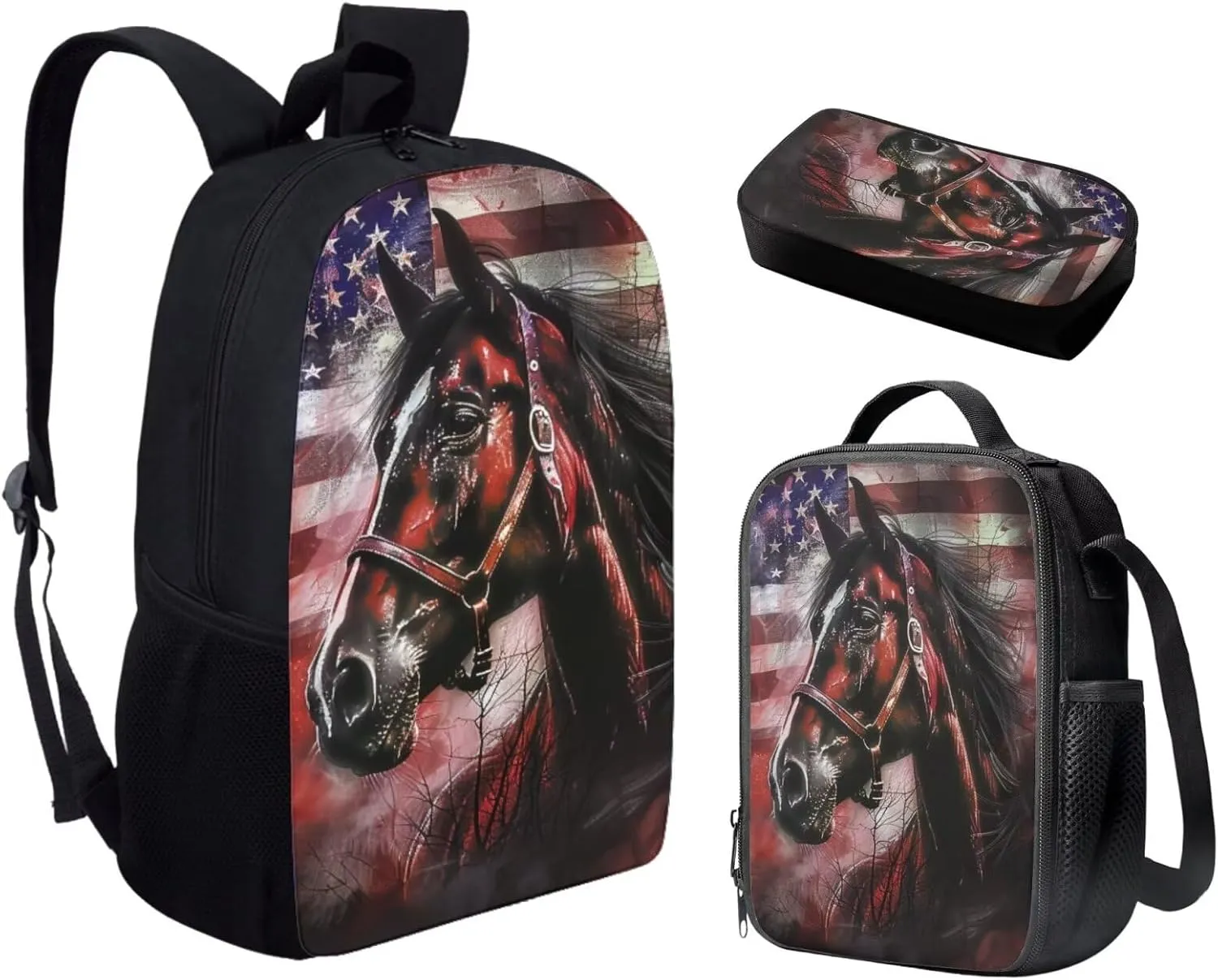 JEOCODY Horse Backpack for Girls American Flag Hunting Camo Horse School Bag and Lunch Bag Pencil Case Set 3 in 1,Back to School Gifts for Junior Primary School Students