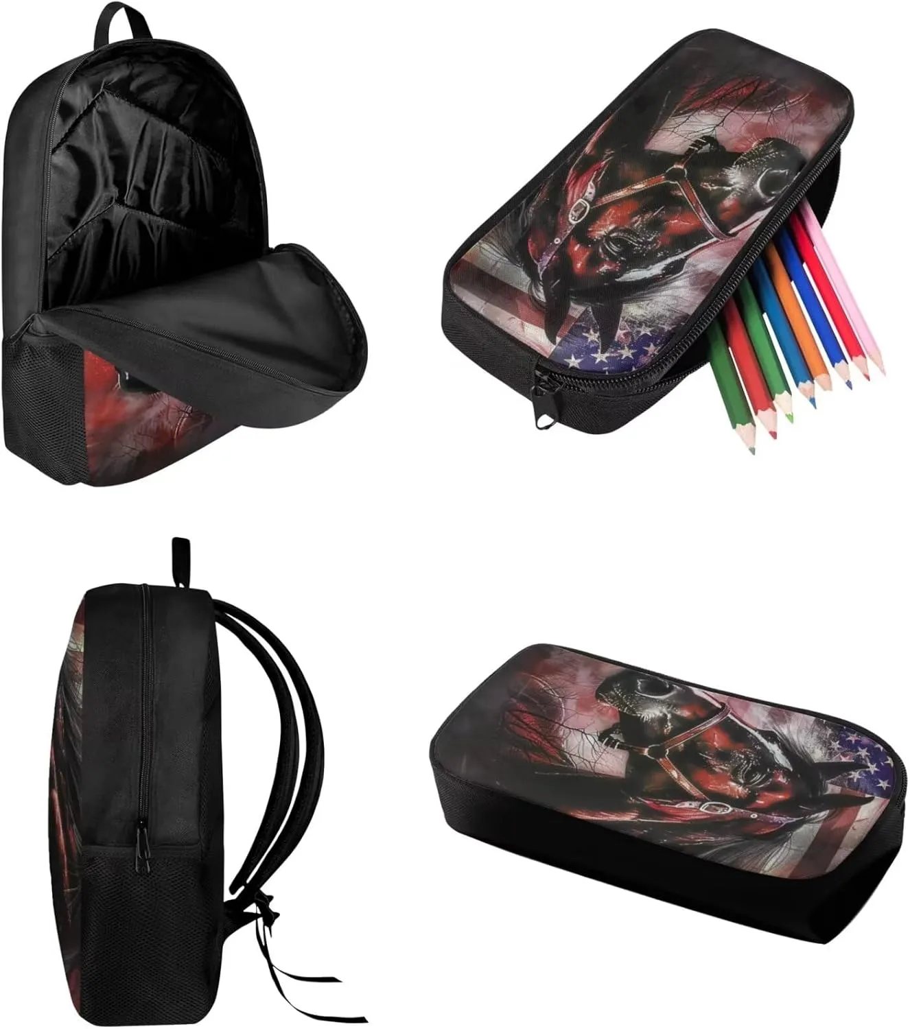 JEOCODY Horse Backpack for Girls American Flag Hunting Camo Horse School Bag and Lunch Bag Pencil Case Set 3 in 1,Back to School Gifts for Junior Primary School Students