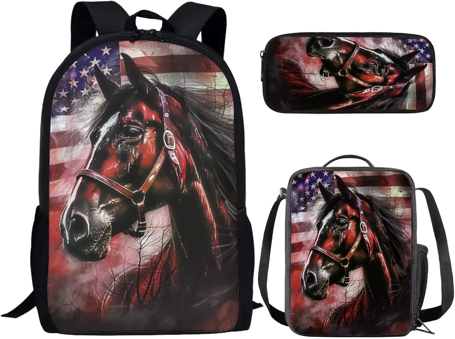 JEOCODY Horse Backpack for Girls American Flag Hunting Camo Horse School Bag and Lunch Bag Pencil Case Set 3 in 1,Back to School Gifts for Junior Primary School Students