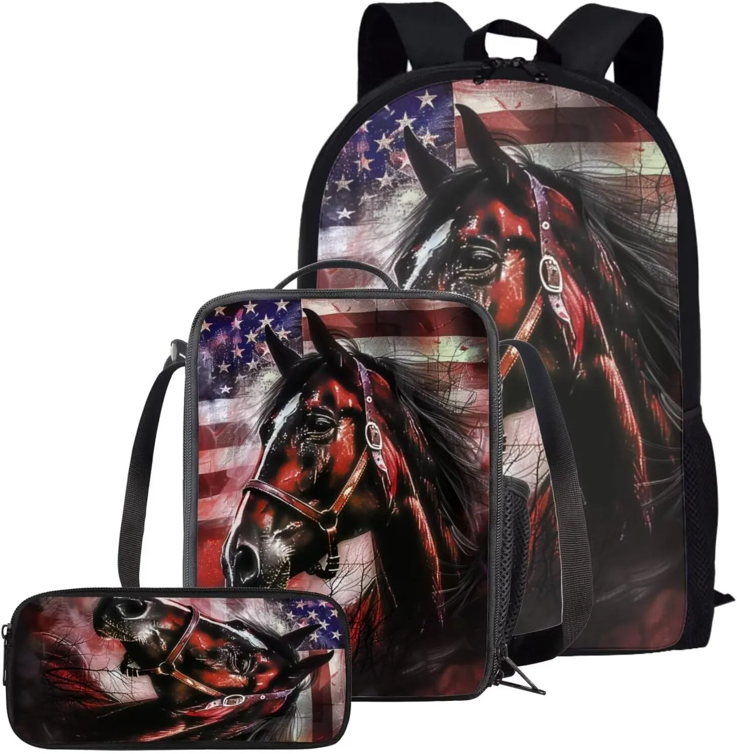 JEOCODY Horse Backpack for Girls American Flag Hunting Camo Horse School Bag and Lunch Bag Pencil Case Set 3 in 1,Back to School Gifts for Junior Primary School Students
