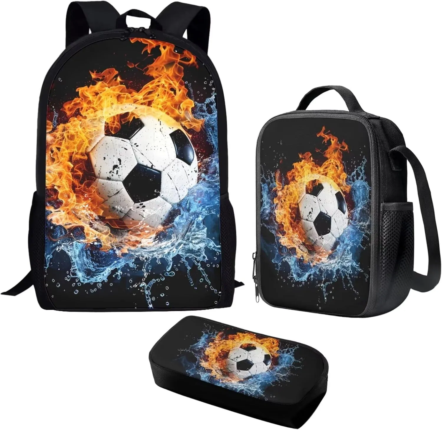 JEOCODY Water Fire Soccer School Backpack with Lunch Box for Boys Kids Bookbag and Lunch Box Pencil Case Set 3PCS Teens School Bookbag Set for Boys Girls Student Back to School Gifts
