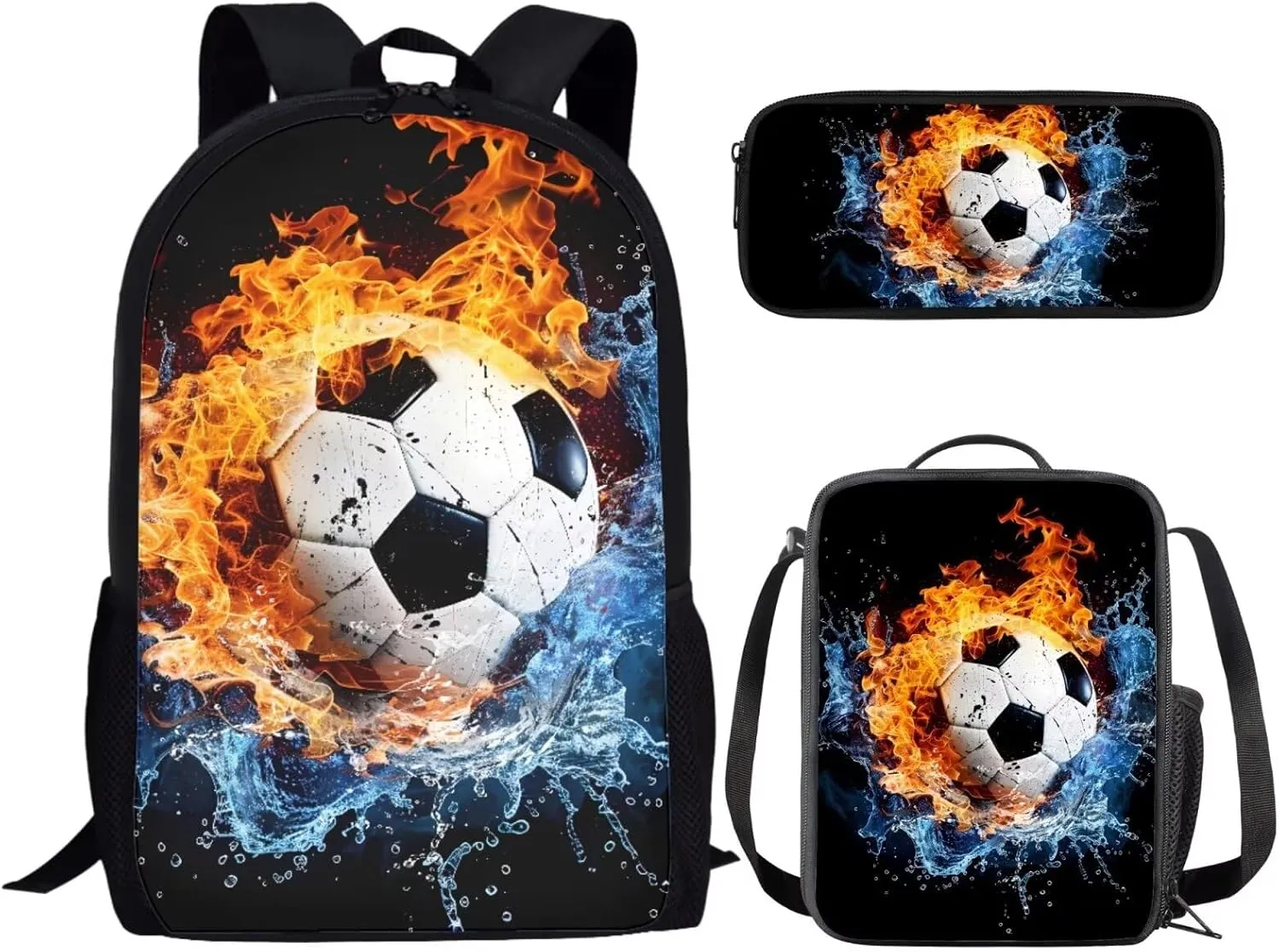 JEOCODY Water Fire Soccer School Backpack with Lunch Box for Boys Kids Bookbag and Lunch Box Pencil Case Set 3PCS Teens School Bookbag Set for Boys Girls Student Back to School Gifts