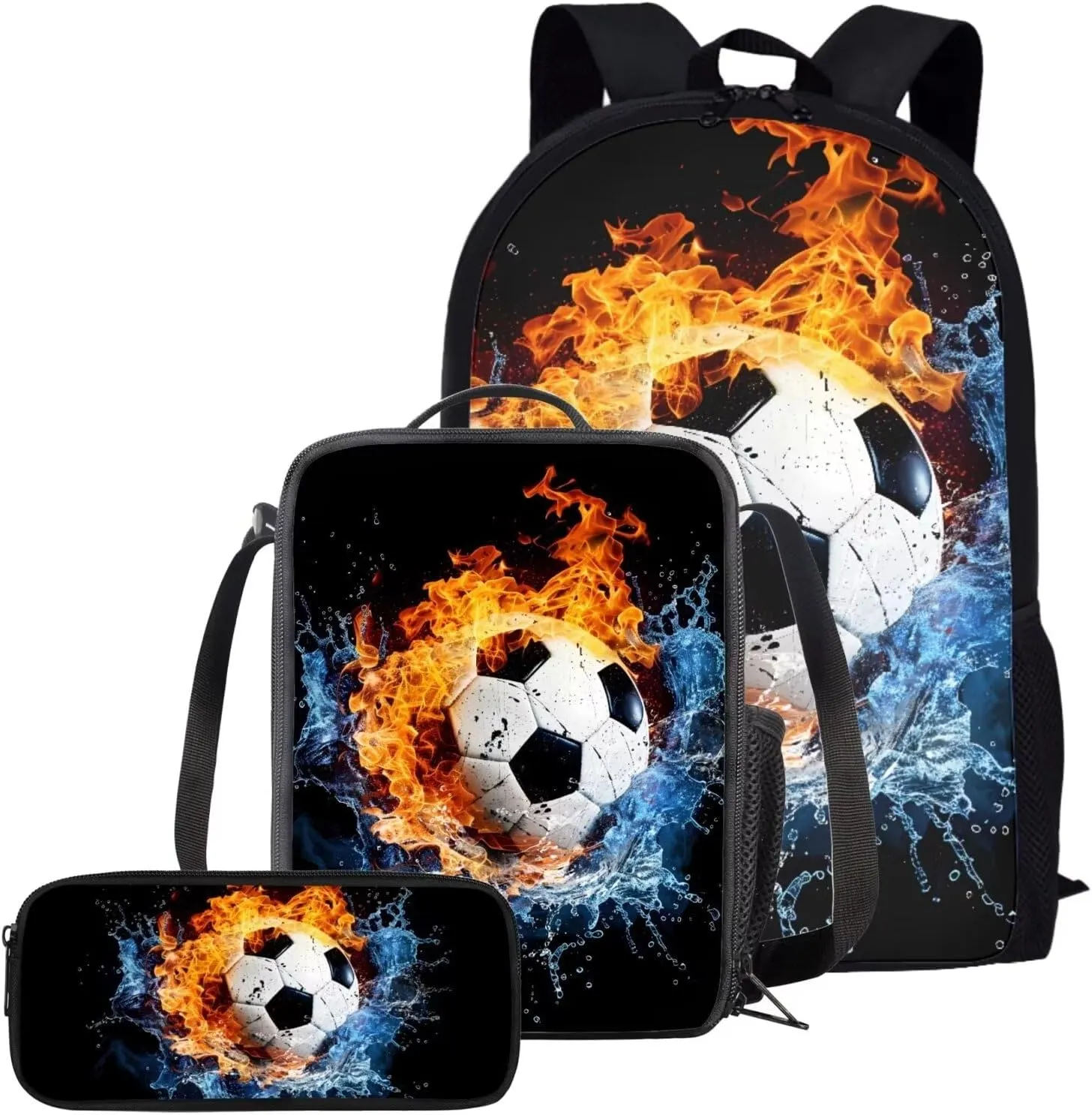 JEOCODY Water Fire Soccer School Backpack with Lunch Box for Boys Kids Bookbag and Lunch Box Pencil Case Set 3PCS Teens School Bookbag Set for Boys Girls Student Back to School Gifts