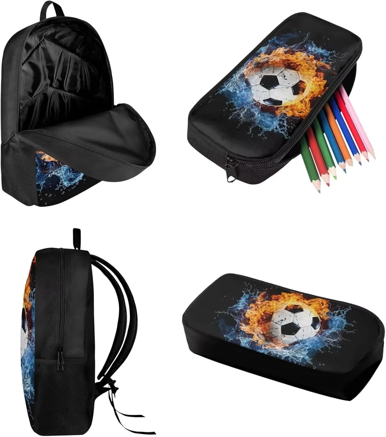 JEOCODY Water Fire Soccer School Backpack with Lunch Box for Boys Kids Bookbag and Lunch Box Pencil Case Set 3PCS Teens School Bookbag Set for Boys Girls Student Back to School Gifts