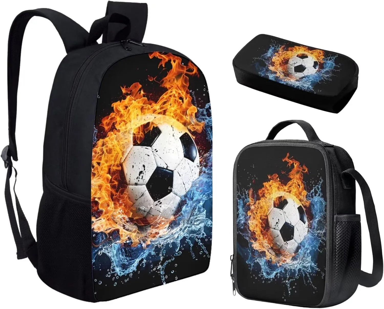 JEOCODY Water Fire Soccer School Backpack with Lunch Box for Boys Kids Bookbag and Lunch Box Pencil Case Set 3PCS Teens School Bookbag Set for Boys Girls Student Back to School Gifts