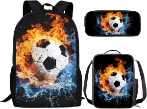 JEOCODY Water Fire Soccer School Backpack with Lunch Box for Boys Kids Bookbag and Lunch Box Pencil Case Set 3PCS Teens School Bookbag Set for Boys Girls Student Back to School Gifts