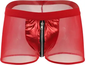 JEsilunmaMY Men's Mesh Sheer Boxer Briefs Mid Waist See Through Leather Zipper Pouch Underwear Transparent Boxer Lingerie